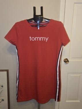 Tommy Hilfiger Red Logo T Shirt Dress Stripe Sides Womens L